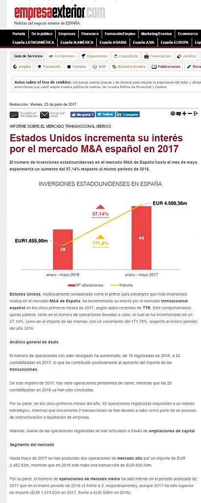 Estados Unidos incrementa su inters por el mercado M&A espaol en 2017